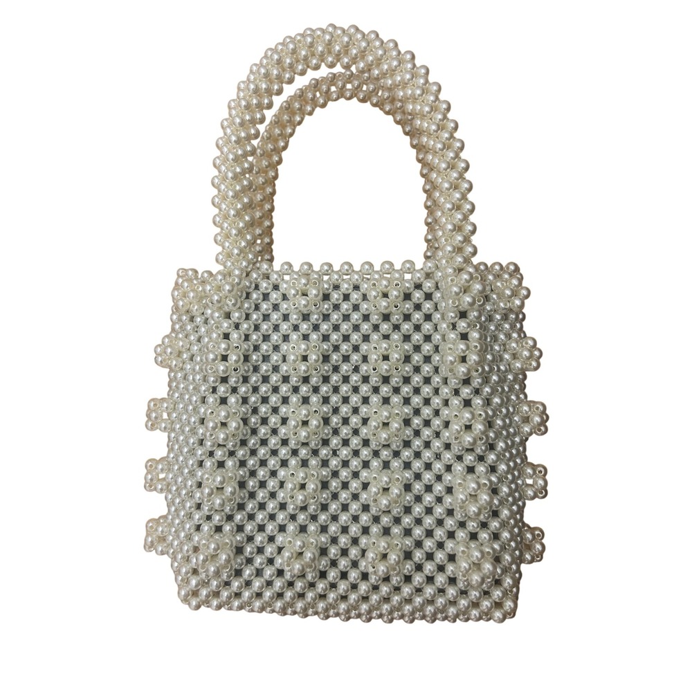 Vintage Style Faux Pearl Beaded Tote Bag Cream White Wedding Evening Handbag